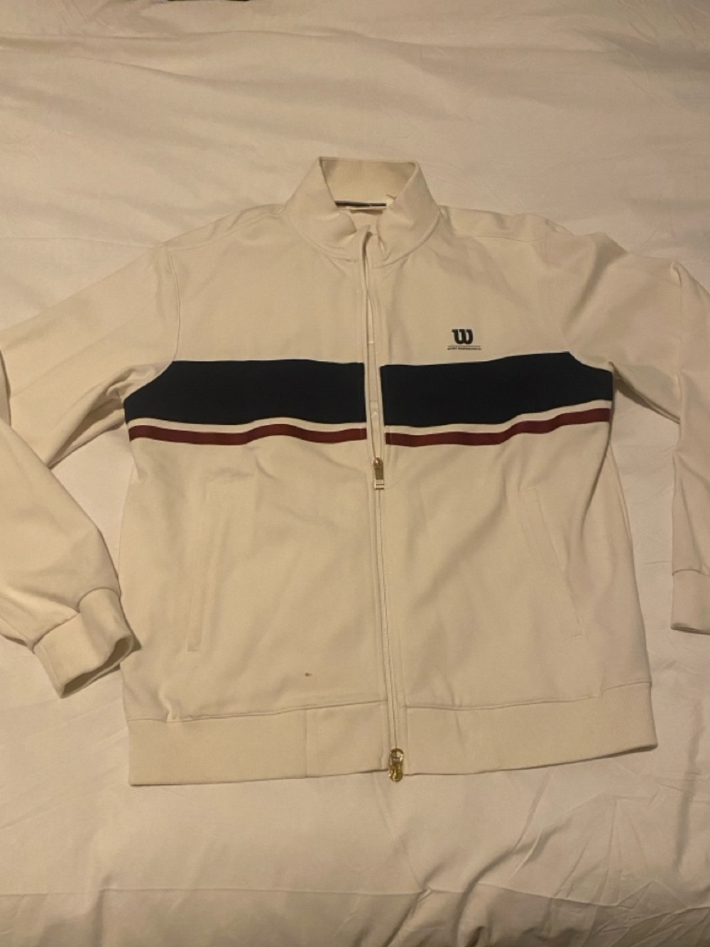 Wilson Cream Zip-Up Track Jacket with Navy and Burgundy Stripes